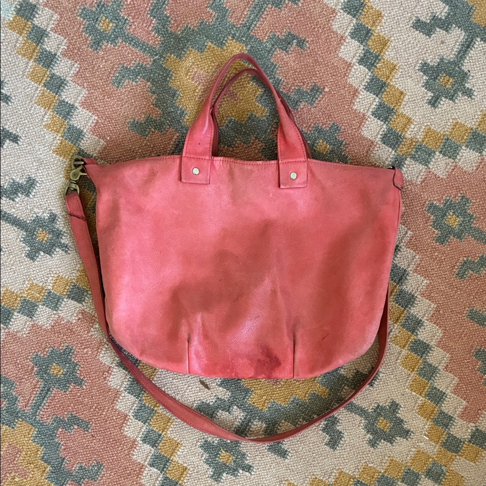 Women's Red Leather Tote Bag with Crossbody Strap